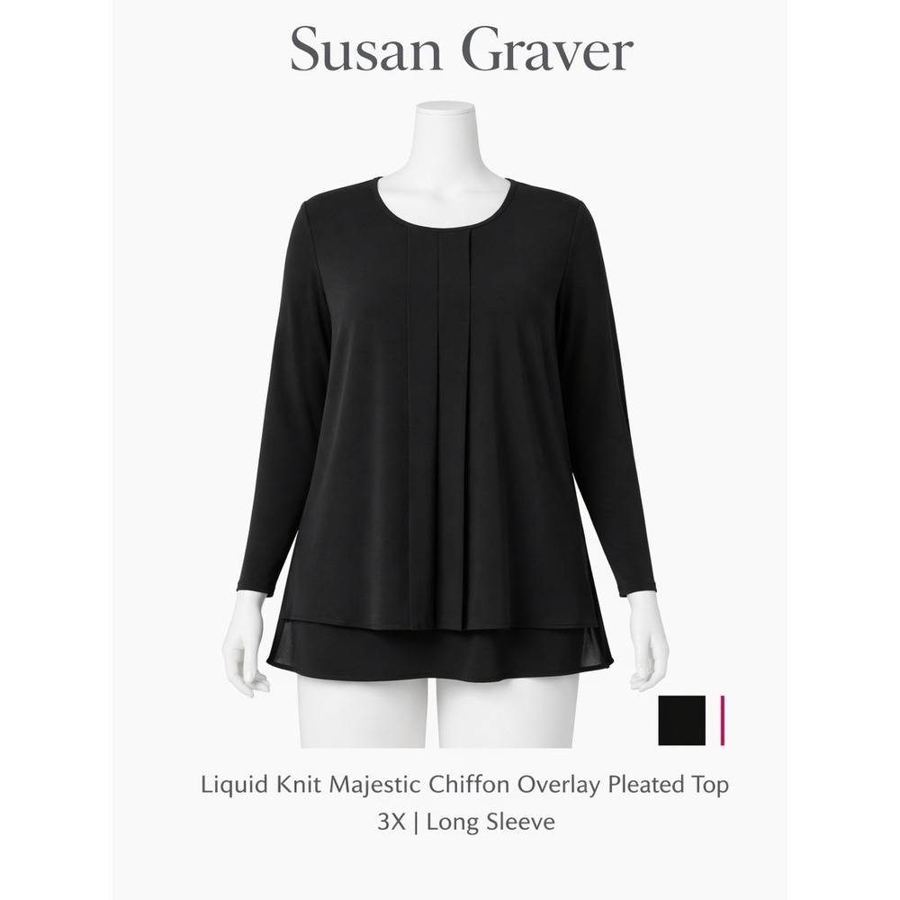 Susan Graver Liquid Knit Majestic Chiffon Overlay Pleated Top Black 3X A372443